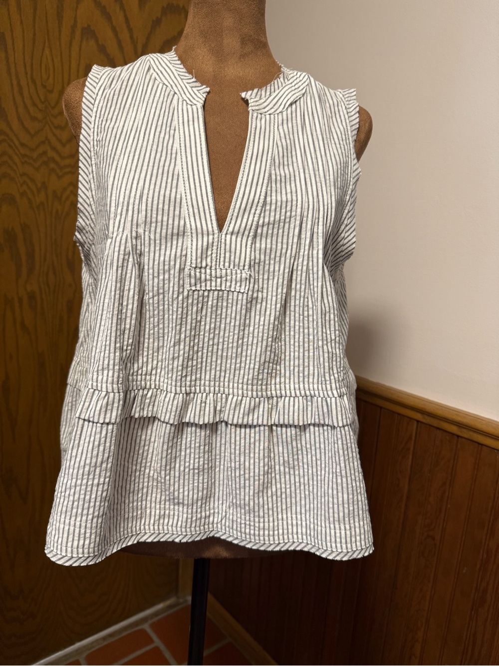 By Together White and Grayish Blue Striped Sleeveless Ruffle Peplum Camisole